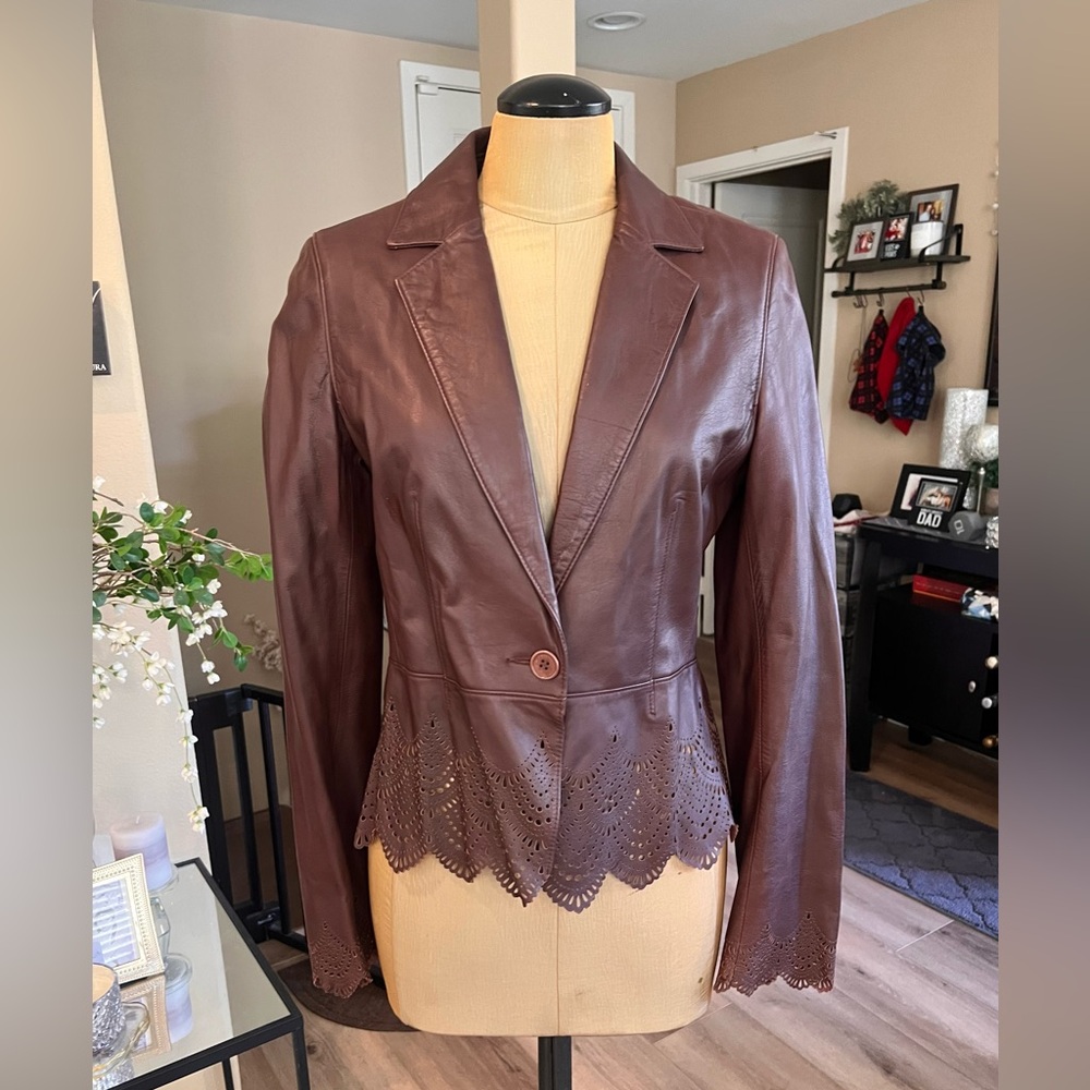 Gorgeous Laundry By Shelli Segal Brown Real Leather Blazer w/Scalloped Hem Sz M